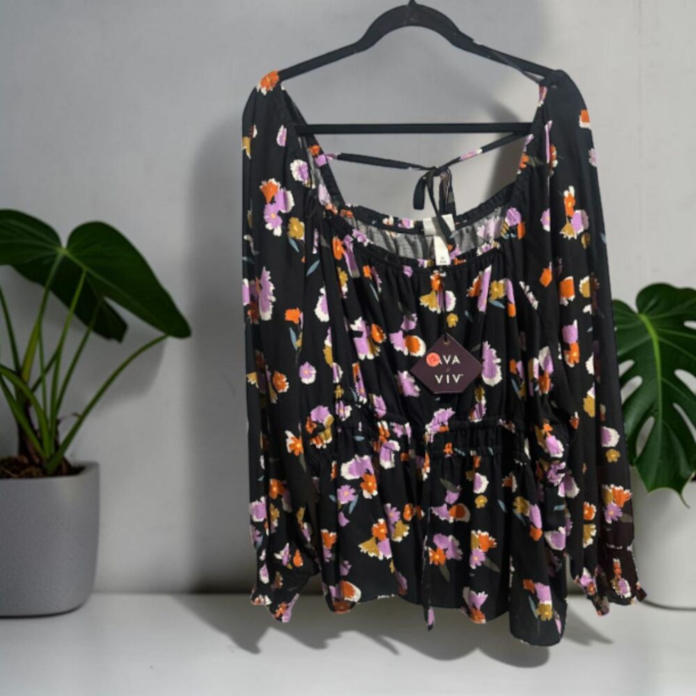 Ava & Viv Black Floral Smocked Peplum Blouse 3XL NWT Square Neck